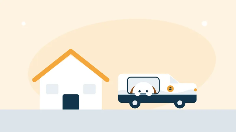 Illustration of a grooming van parked in front of a house