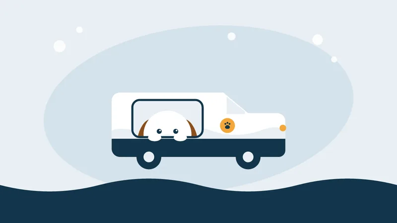 Illustration of a grooming van with a dog at the window